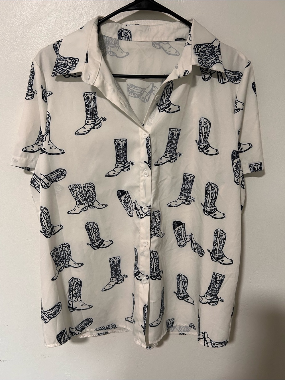 White Button-Up Shirt with Black Cowboy Boot Print